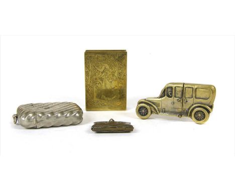 A metal fluted vesta case, marked The Beacon, together with a brass match box cover with Art Nouveau decoration, a miniature 