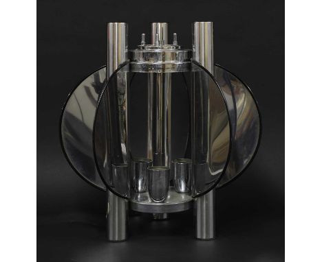 A chrome three-light hanging light, 1970s, with chrome reflectors, 45.5cm high, 40cm diameter
