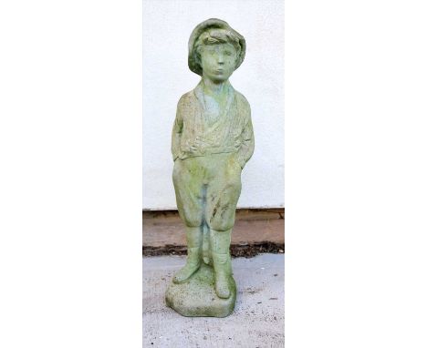 A reconstituted stone garden figure of a young boy wearing a hat, 62cm high, together with a collection of fireside items to 