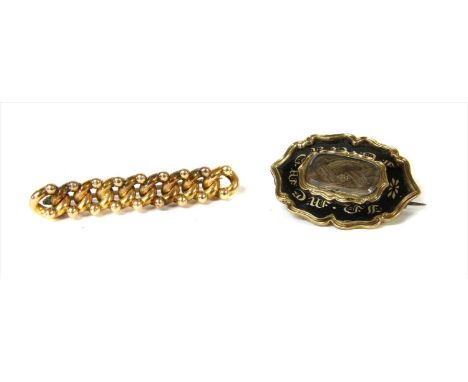 A gold curb link bar brooch, marked 15, with metal pin and 'C' catch, 3.26g, together with an early Victorian memorial brooch