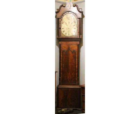 A George III eight day inlaid mahogany longcase clock , the painted dial with moon phase arch and black Roman numerals, 234cm