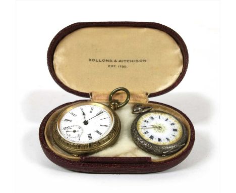 A sterling silver top wind open-faced fob watch, 35mm diameter, white enamel dial with black Roman numerals and gilt decorati