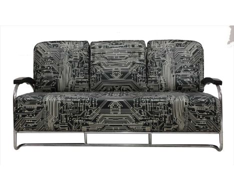 A chrome settee, 1950s, attributed to K E M Weber, reupholstered, 178cm wide, 90cm deep, 87cm high, seat 48cm high