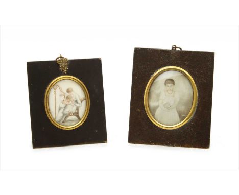 Two early 19th century miniatures, on ivory, one with mother and child at a harp, and the other, child with book