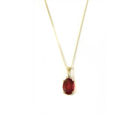 A gold treated ruby pendant, with an oval mixed cut fracture filled ruby, claw set to a wire collet, with articulated bale, s