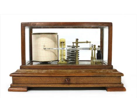 A late Victorian mahogany cased barograph , c.1900, with an ivory thermometer, and single chart drawer to base, on bracket fe