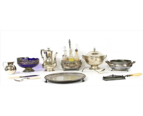 A quantity of silver plated items: to include a Victorian six bottle cruet, Victorian coffee pot, lidded soup tureen and ladl