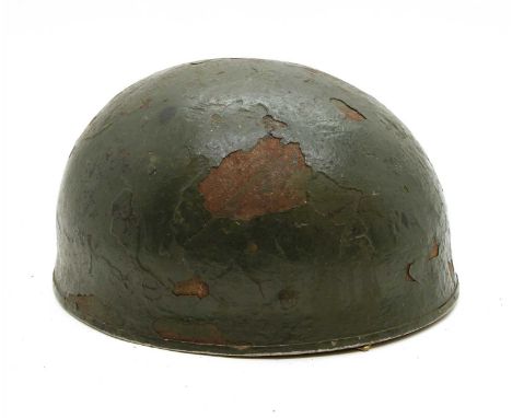 A WWII British Airborne paratrooper helmet, liner and chin strap, with makers initials CCL, size 7 3/8 with original paint fi