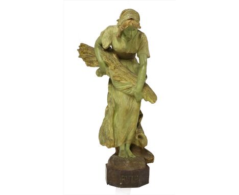 A Goldscheider patinated terracotta figure, 'Ruth' by Emmanuel Joseph Louis Simon, signed to the base, and titled on the octa