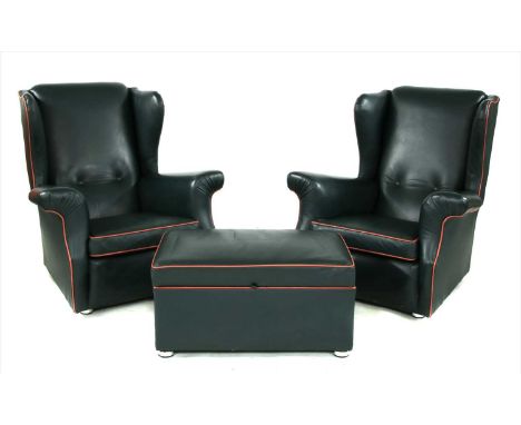 A pair of green leather club armchairs, 90cm wide, 90cm deep, 95cm high, seat 38cm high, together with a matching pouffe, 117