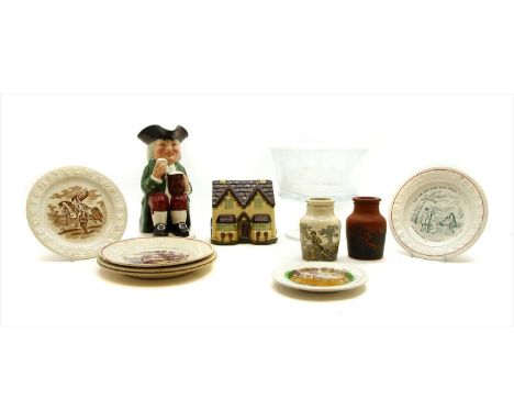 Ceramics , Royal Doulton Toby Jug, six nursery plates, including one of a train, two printed boar hunting jars, Barnardo's co