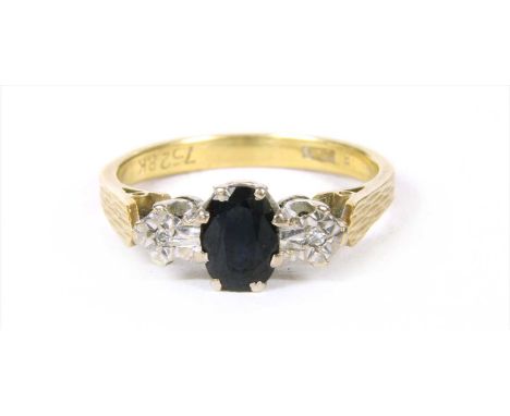 A gold sapphire and diamond ring, with an oval mixed cut sapphire, claw set, with an eight cut diamond, grain set to an illus