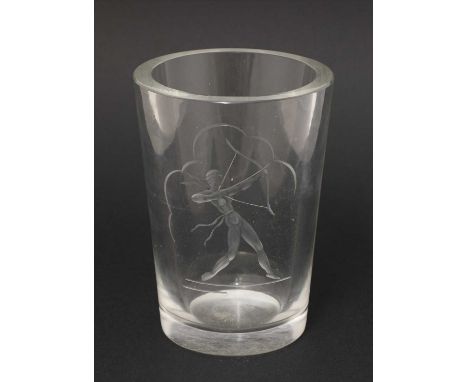 A Scandinavian glass vase, mid-20th century, in the manner of Vicke Lindstrand, engraved with a figure with a bow, 16.5cm hig