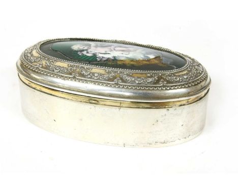 A sterling silver oval jewellery box , the hinged cover with an enamel panel ( damaged ) within a cast border, the interior f