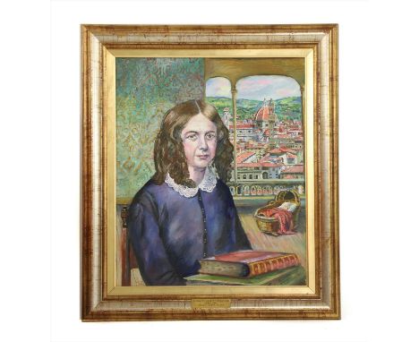 Melissa Scott-Miller (b.1959) PORTRAIT OF ELIZABETH BARRETT BROWNING (1806-1861), HALF LENGTH, A VIEW OF FLORENCE IN THE BACK