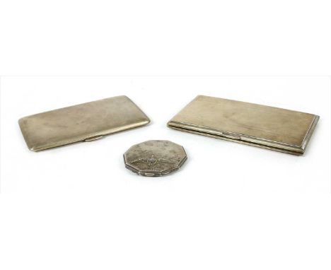 An RAF silver and enamel powder compact, together with two engine turned silver cigarette cases, approx. 16 oz