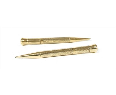 A pair of 9ct gold propelling pencils, by Sampson, Morden &amp; Co., both with engine turned decoration and engraved rectangu