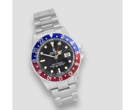 Rolex. A stainless steel automatic calendar bracelet watch with dual time zoneModel: GMT Master 'Pepsi'Reference: 1675Date: C