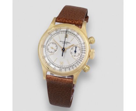 Patek Philippe. A fine and rare 18K gold manual wind chronograph wristwatch with water resistant caseReference: 1463Date: Man