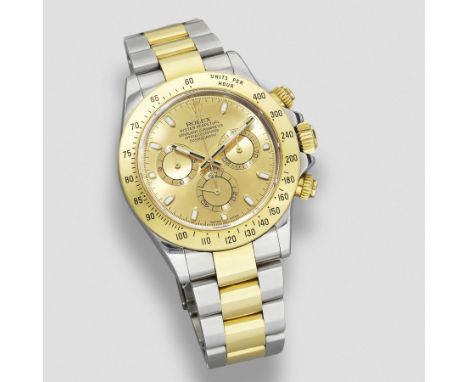 Rolex. A stainless steel and gold automatic calendar chronograph bracelet watchModel: Cosmograph DaytonaReference: 116523Date