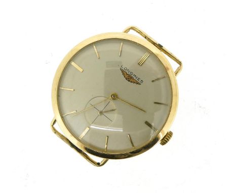 LONGINES - a gentleman's 9ct gold bracelet watch, silvered dial with gold baton markers, signed manual wind calibre 19.4, num
