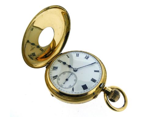 An 18ct yellow gold half hunting-cased pocket watch, the outer case with blue Roman numerals, white enamel dial with black Ro