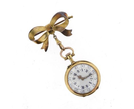 A gold fob watch, the white enamel dial with Roman numerals and outer Arabic numerals, the reverse with foliate design set wi