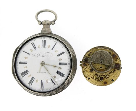 An open-face pair-case pocket watch by D D Neveren London, hallmarked London possibly 1803 marks heavily rubbed, key-wind ful