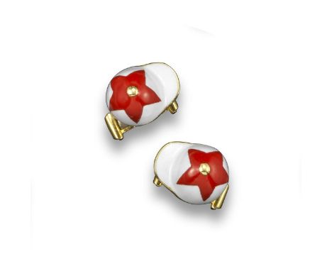 A pair of gold and enamel jockey cufflinks by Theo Fennell, the jockey's hats decorated with red and white enamel in yellow g