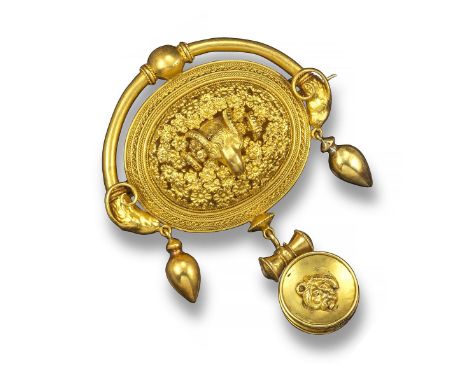 A mid 19th century gold brooch in the style of Castellani, centred with a ram's mask in a raised millefiori design, with fine