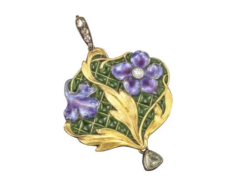 A Russian Art Nouveau floral pendant, the purple flowers with enamel decoration and one centred with an old circular-cut diam