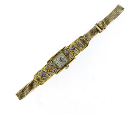 A lady's Art Deco Egyptian Revival gold and enamel wristwatch, the square dial with black Arabic numerals and enamel decorati