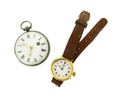 A lady's 18ct gold 'trench'-style wrist watch by T W Harris London, hallmarked 1922, keyless-wind pin-set, three-quarter-plat