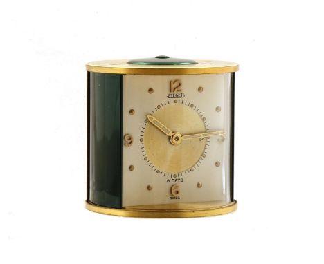 JAEGER - a brass eight-day alarm desk clock, cream dial with gilt central alarm wheel, gilt dot hour markers with Arabic nume