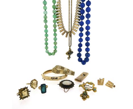 A mixed lot of jewellery, including an early 18th century gold cruciform pendant set with emeralds and rose-cut diamonds, sus