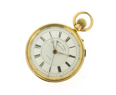 An open face centre-seconds chronograph pocket watch, hallmarked London 1881. Unsigned three-quarter plate keyless-wind pin-s