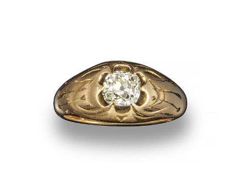 A diamond gypsy ring, the cushion-shaped diamond is claw-set in plain polished yellow gold shank, size K