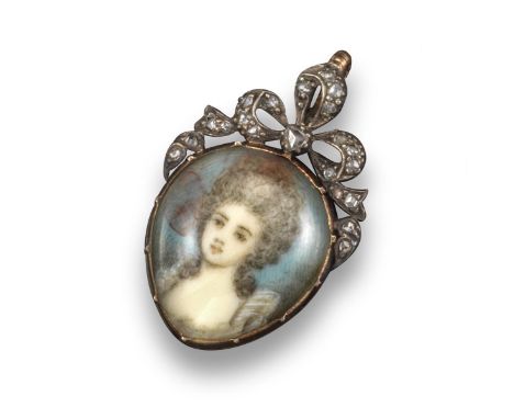 A George III locket pendant, depicting the portrait of a lady beneath a diamond-set bow in glazed compartment with closed yel