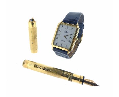 OMEGA - a rectangular wristwatch, the white enamel dial signed Omega De Ville, quartz movement, black leather band, and a gol