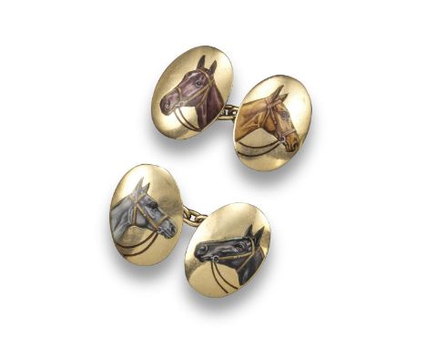 A pair of gold horse cufflinks, each oval link painted with an enamel horse head, including a chestnut, bay, gray and dark ba