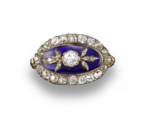 A late 18th century diamond and blue enamel ring, centred with a cushion-shaped diamond between diamond-set foliate sections,