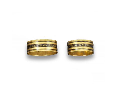 A pair of George gold mourning rings, with black enamel and inscription  'Ann Blackmore died 9 July 1812 aged 72' on both rin