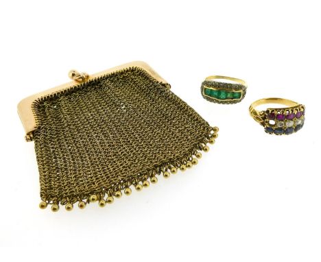 Various items of jewellery, including a 9ct gold mesh purse, 33g, a gold ring set with three lines of sapphires, diamonds and