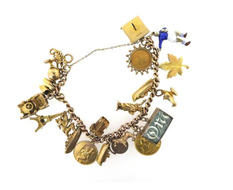 A gold charm bracelet, the 9ct curb-link bracelet mounted with assorted mainly 9ct gold charms, including a running rugby pla