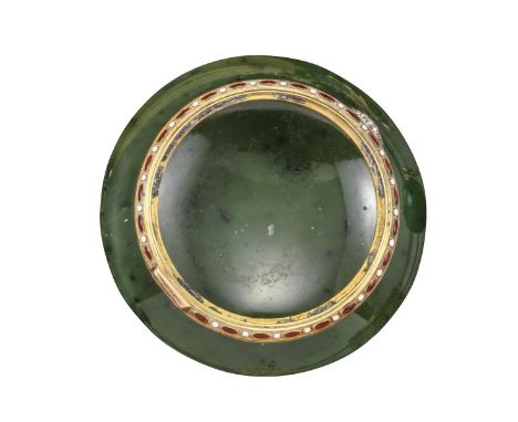 A Russian gold-mounted nephrite part-circular box by Feodor Afanasiev (missing cover), of compressed form with hinged gold va