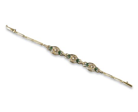 A yellow gold bracelet, mounted with three diamond-set flower head centred links with green enamel decoration, 8cm