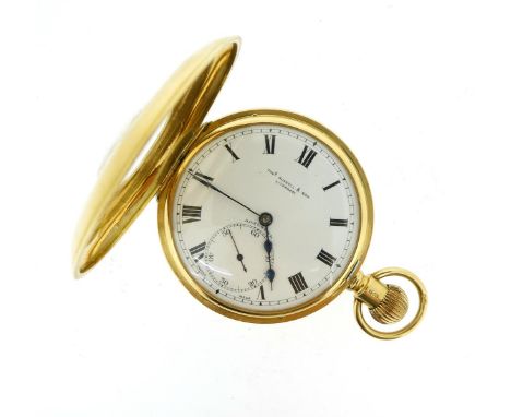 A half-hunter pocket watch by Thos Russell & Sons Liverpool, hallmarked Chester 1920. Signed keyless-wind movement with screw