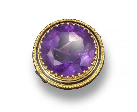 A Victorian amethyst-set gold ring, the circular-cut amethyst is set within a border of black enamel in yellow gold, size L ½