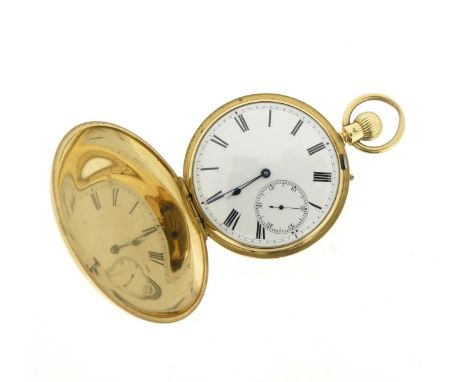 An 18ct gold hunting-cased stem-wind pocket watch, the white enamel dial with black Roman numerals and subsidiary seconds dia