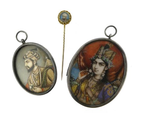 Three Indian miniature portraits, the woman (possibly a Maharani), wearing elaborate costume, headdress and jewels, in silver